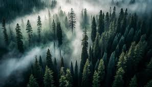 A Forest With A Foggy Background And A