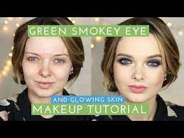 glowing skin green smokey eyes makeup