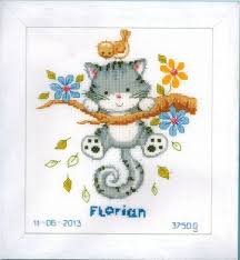 Cat Hanging From A Branch Birth Sampler Cross Stitch Kit