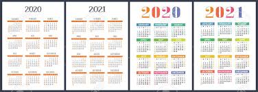 Calendar 2020 2021 Years Colorful Vector Set Week Starts On