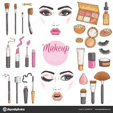 makeup cosmetics set with female faces