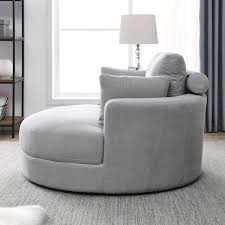 Magic Home 51 In Swivel Accent Barrel Sofa Linen Fabric Lounge Club Big Round Chair With Storage Ottoman And Pillows Light Gray