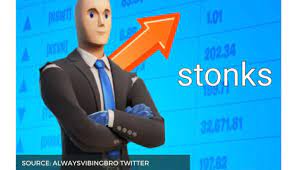 The word stocks is misspelled on purpose and combined with meme man standing in front of a graph (up and to the right of course) which represents the stock market. Sbc Cvxt2sd5dm