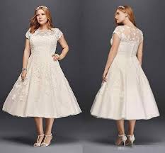 Discount Vintage Tea Length Plus Size A Line Garden Outdoor Wedding Dresses 2019 New Oleg Cassini Short Sleeve Holiday Beach Sheer Back Bridal Dress