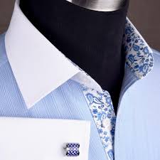 Light Blue Luxury Herringbone White Collar White Cuff Formal Business Dress Shirt With Paisleys