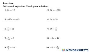 One Step Equations Exercise