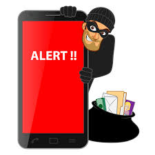 Cartoon featuring a robber looking over the side of a life-size phone featuring the words 'Alert'.