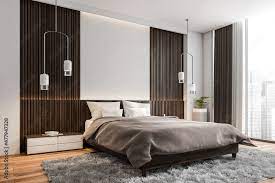 Grey Bedroom With Wood Wall Panels