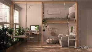 minimalist studio apartment with loft