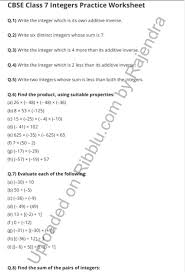 Cbse Class 7 Maths Integers Worksheets