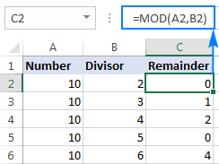 excel mod function to get remainder and