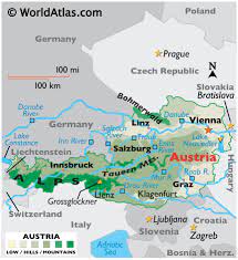 Physical map of austria showing major cities, terrain, national parks, rivers, and surrounding countries with international borders and outline maps. Austria Maps Facts World Atlas