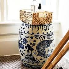 Greek Key Blue White Garden Stool