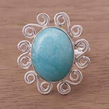 Amazonite on Sterling Silver Ring from Peru - Ocean Bloom | NOVICA