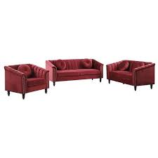 Jessica 3 Pieces Red Microfiber Living Room Set Modern Velvet Sofa Set Pillow F4901 3pcs