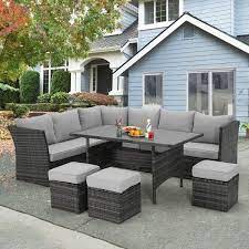 aecojoy 7 piece patio conversation set outdoor sectional sofa rattan wicker dining furniture gray