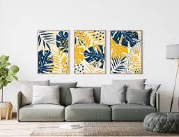 Navy And Yellow Leaf Set Of 3 Blue Navy