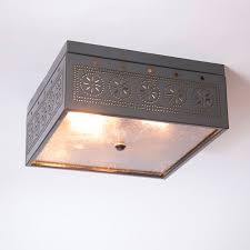 Irvin S Tinware 2 Light Flush Mount Square Ceiling Light With Chisel In Country Tin