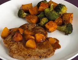 In this dish, the pork chops would be baked with thin slices of lemon and onion and a sour 28. Pork Chops With Balsamic Peach Glaze Roasted Sweet Potatoes And Broccoli