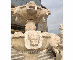 Antique Travertine Lion Head Statue