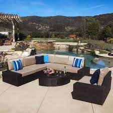 Santa Cruz Outdoor 7 Piece Dark Brown Wicker Sofa Set With Beige Water Resistant Cushions 6 Piece Sectional With Club Chair