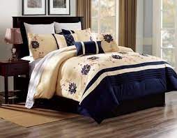 bedroom beige cream duvet navy blue