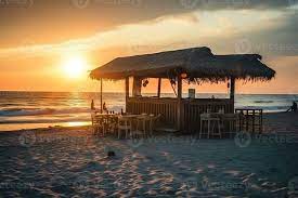 Beautiful romantic beach bar with seascape at sunset or sunrise idea  perfect summer vacation background wallpaper. AI Generated 23381279 Stock  Photo at Vecteezy