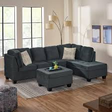 3 Piece Charcoal Fabric 6 Seater L Shaped Sectional Sofa With Ottoman