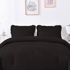 Sx Ruffled Black Comforter Set Queen 3 Piece All Season Ultra Soft Polyester Black With Ruffles