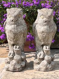 Pair Of Cast Stone Owl Garden Ornaments