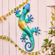 Luxenhome 24 Inch Blue Gecko Lizard Metal And Glass Outdoor Wall Decor
