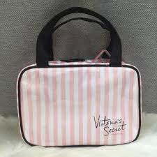 pink white stripe travel makeup bag
