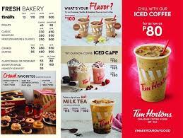 Find this year tim hortons canada menu specials, including prices for original blend, dark roast or decaf, french vanilla, hot chocolate, cappuccino, mocha latte, caramel latte, iced tea and more. Tim Hortons Menu Menu For Tim Hortons Bonifacio Global City Taguig City