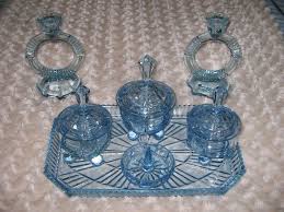 Blue Pressed Glass Dressing Table Set