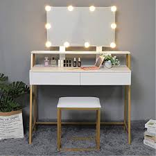 Dressing table with mirror with lights, female boudoir for applying makeup, flat drawing, vector illustration. Amazon Com Usikey Vanity Table Set With 10 Led Lights Makeup Table With Large Mirror 2 Drawers Dressing Vanity Tables Dresser Desk With Gold Metal Frame And Cushioned Stool White Kitchen