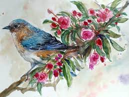 Color Painting Bird On Flowers