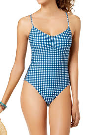 Hula Honey Blue Gingham Picnic Printed Lace Up One Piece Swimsuit