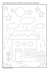 They will practice recognizing and drawing basic shapes such as circle, triangle, square, rectangle and oval with our printable worksheets. Shape Tracing Drawing House Kindergarten Worksheets
