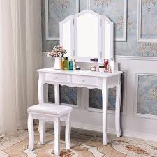 Forclover 4 Drawer White Dressing Vanity Table Stool Set With Tri Folding Mirror And Padded Seat