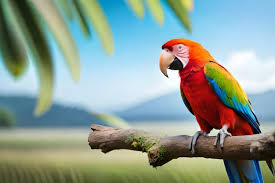 a parrot sits on a branch with a blue