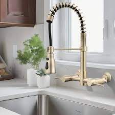 Upiker Double Handle Wall Mounted Bridge Kitchen Faucet With Pull Down Sprayer Head In Brushed Gold