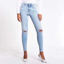 Light Blue Ripped Amelie Mid Rise Skinny Jean River Island