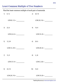 lcm of two numbers worksheets