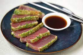 seared rare ahi tuna with wasabi pea crust