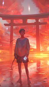 Anime Boy Sunset Gate Shrine 4K ...