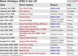 Easter monday is a bank holiday in both england and wales and northern ireland, but not in scotland. Bank Holidays 2020 In The Uk With Printable Templates