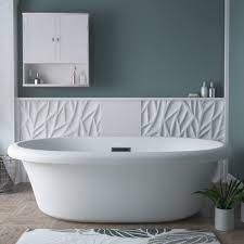 The tub's drain aligns over the floor's drain opening. 66 Inch Freestanding Acrylic Double Ended Tub With No Faucet Holes Tca807