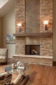 Stacked Stone Fireplace Wooden Mantel