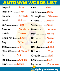 The following list is a few examples of antonyms: List Of 180 Important Antonyms Examples For Esl Learners My English Tutors Antonyms Words List Antonyms Esl Learners