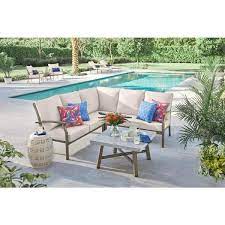 Hampton Bay Beachside Rope Look Wicker Outdoor Patio Sectional Sofa Seating Set With Cushionguard Almond Cushions